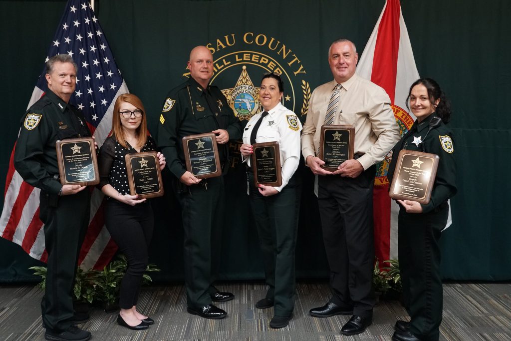 2019 Employees of the Year Left to Right: Deputy Ronnie Jewell, Kayla Golden, Sergeant Lance McConnell, Communications Officer Joyce Fisher-Thigpen, Detective Wayne Herrington, Deputy Lisa McCumber. Not shown Chaplain David Drake, Volunteer Tom Tice.